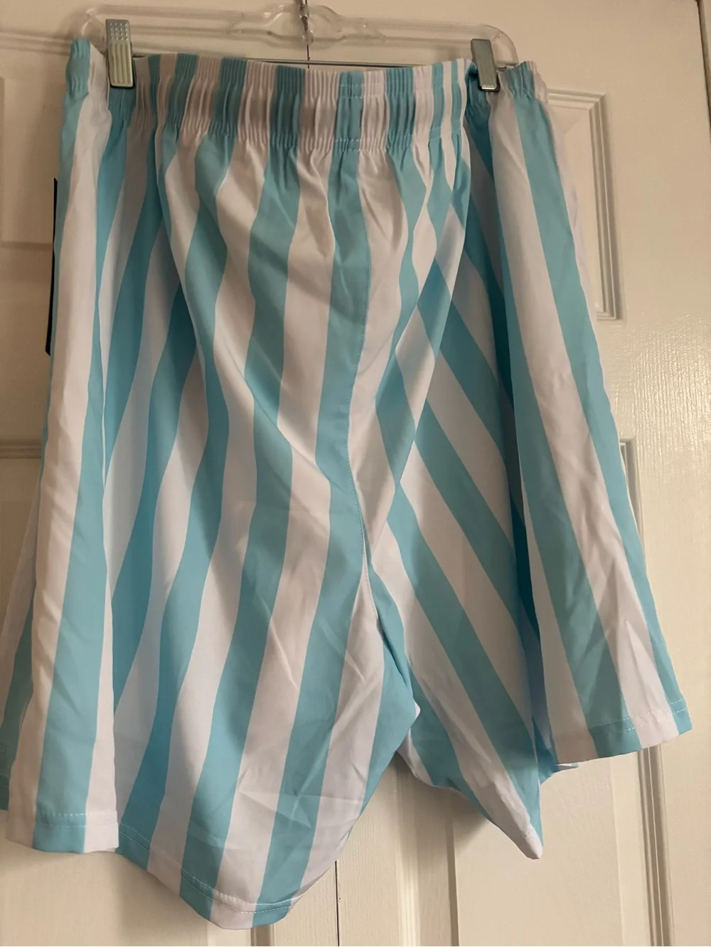 Striped Aqua & White Swim Trunks